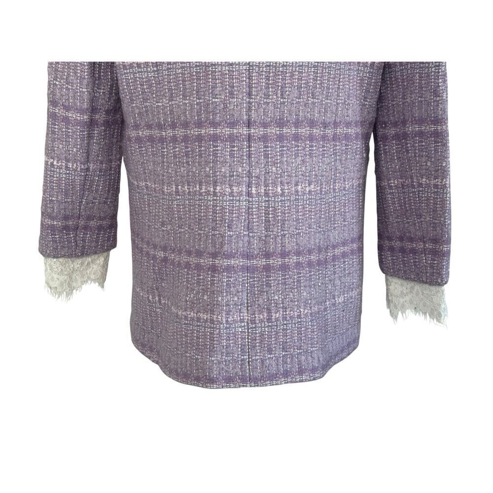 MARIE ELIE Lavender Tweed Wool Lace Trim Designer Blazer Metallic Jacket Sz L - Picture 9 of 12